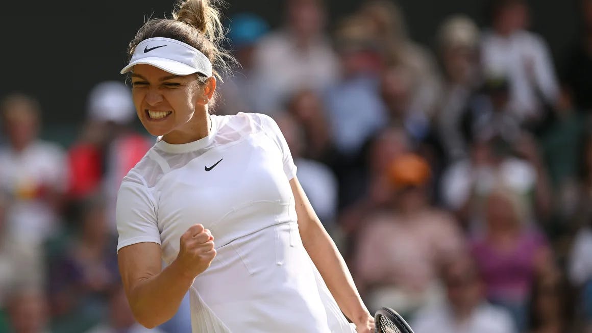 Simona Halep celebrates winning a match at Wimbledon in 2022. Shaun Botterill/Getty Images