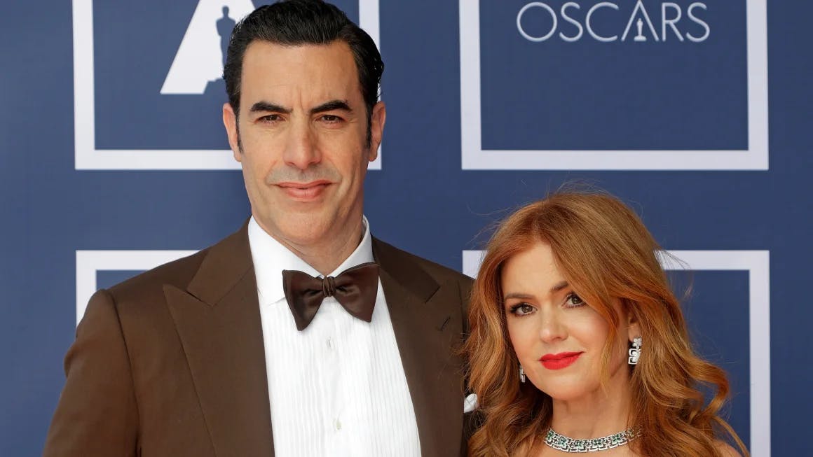 Sacha Baron Cohen and Isla Fisher attend a screening of the Oscars on Monday April 26, 2021 in Sydney, Australia. Rick Rycroft/AP